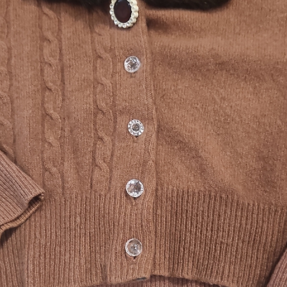 Vintage Claudette Cashmere Brown Cardigan with Faux Fur Trim size Medium - Picture 4 of 11